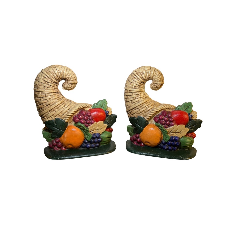 Cast Iron Cornucopia Door Stops Pair Fruit Horn of Plenty Heavy Vintage